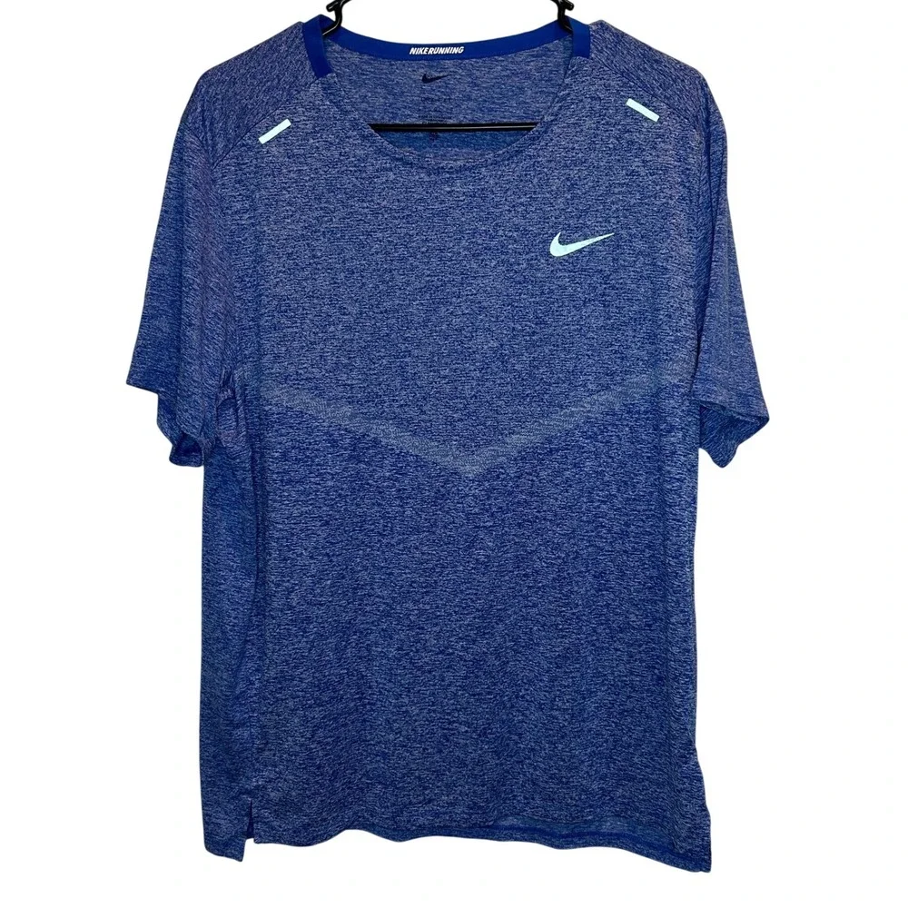 Nike Running Shirt Large Mens Blue Heathered Dri-FIT Reflective Short Sleeve